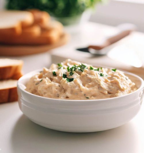 Biscoitos cream cracker servidos como canapés, cobertos em patê de frango e salsa, dispostos sobre mesa clara.