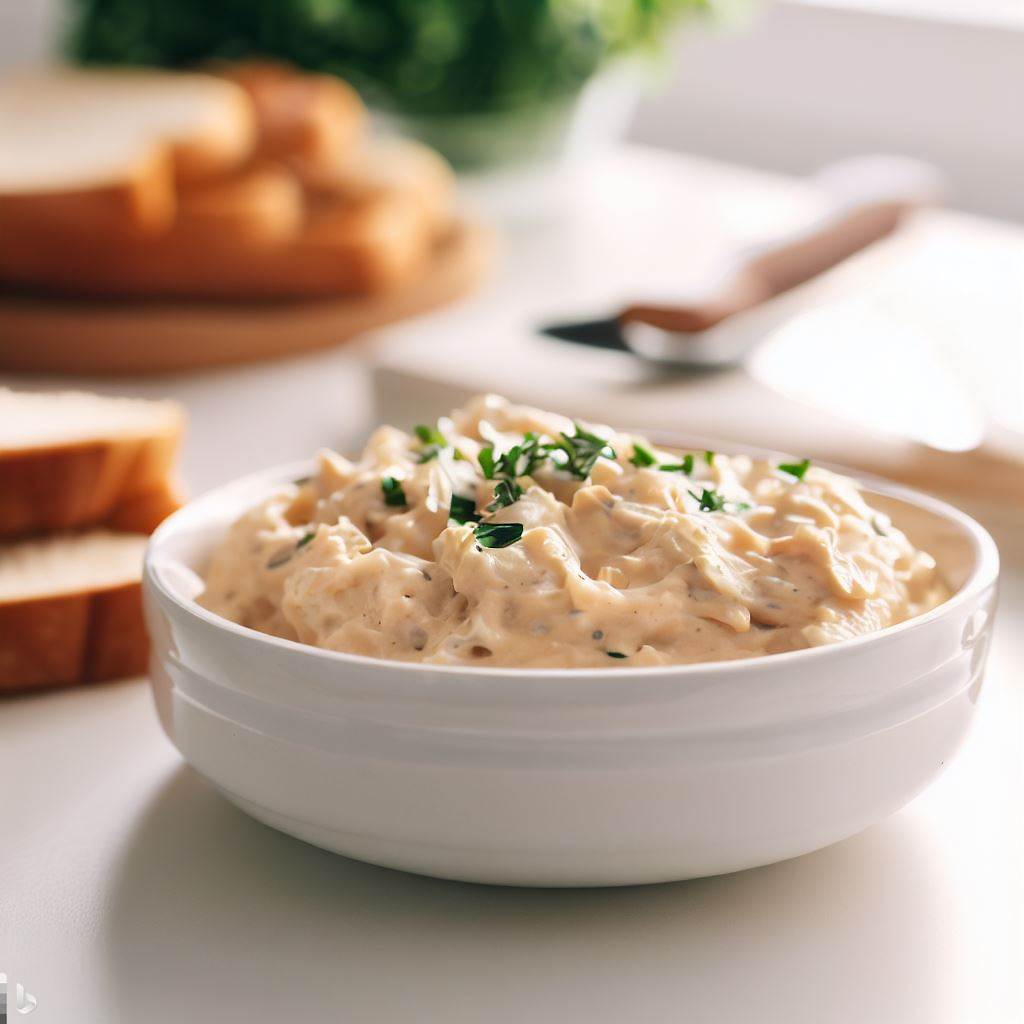 Biscoitos cream cracker servidos como canapés, cobertos em patê de frango e salsa, dispostos sobre mesa clara.