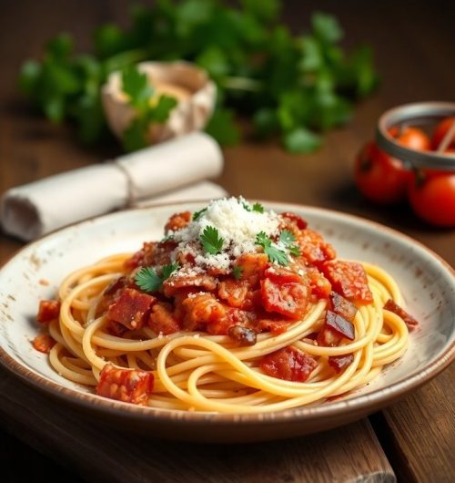Prato branco de espaguete com molho de tomate, tiras de bacon e folhas de manjericão, sobre mesa de madeira.