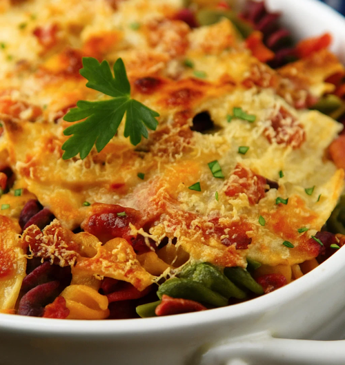 Prato de macarrão sabor vegetal gratinado com frango e coberto por queijo dourado, servido em travessa branca sobre fundo desfocado.