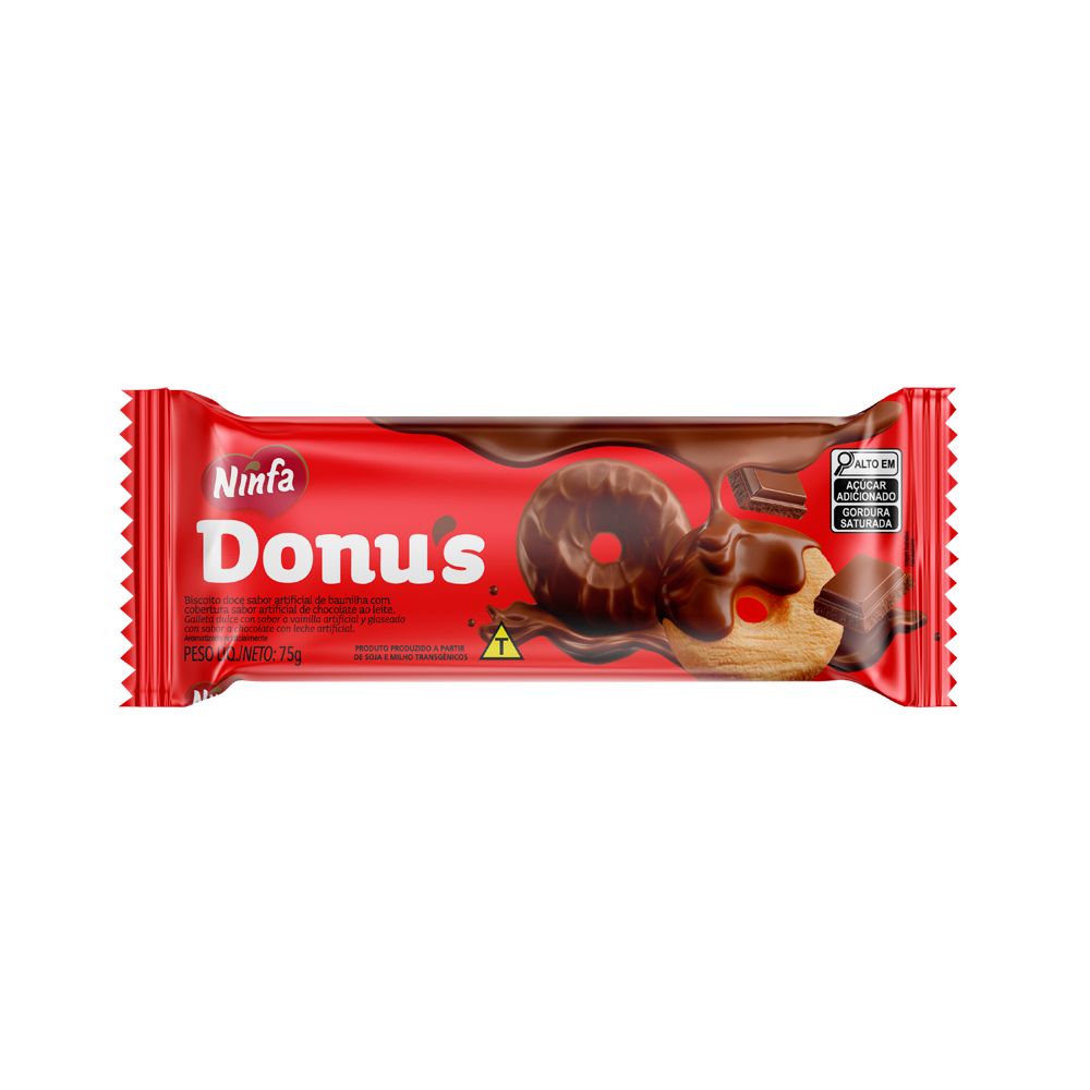 Embalagem de donut sabor chocolate de 75g, com rótulo marrom e vermelho.