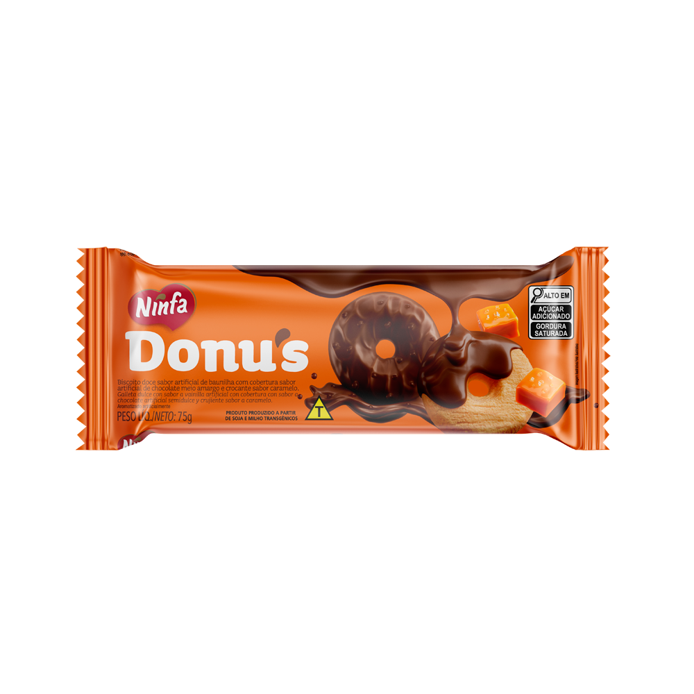 Embalagem de donut sabor chocolate e caramelo de 75g, com rótulo marrom e laranja.
