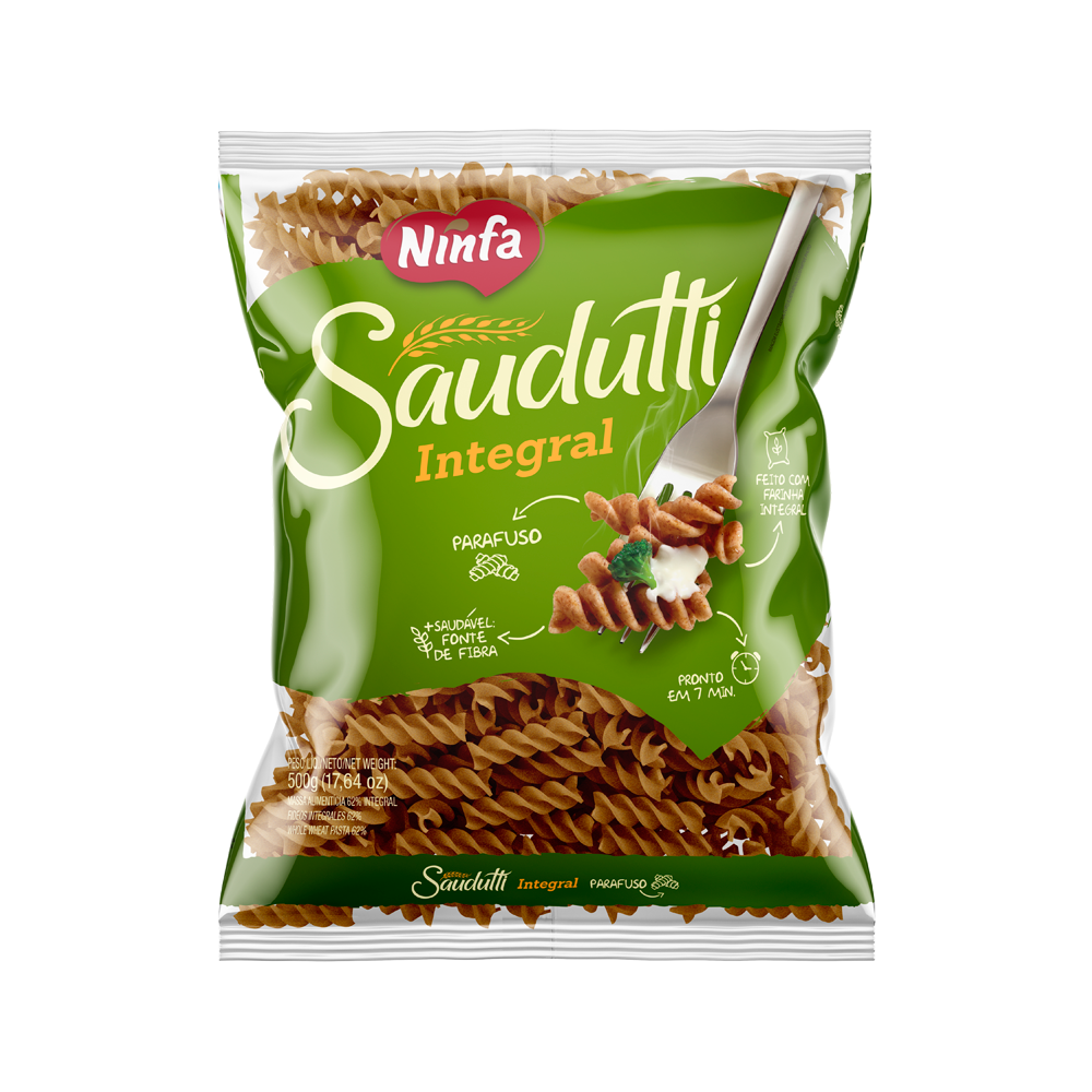 Embalagem de macarrão parafuso integral Saudutti de 500g em pé, com rótulo verde, exibindo janela transparente com a massa.