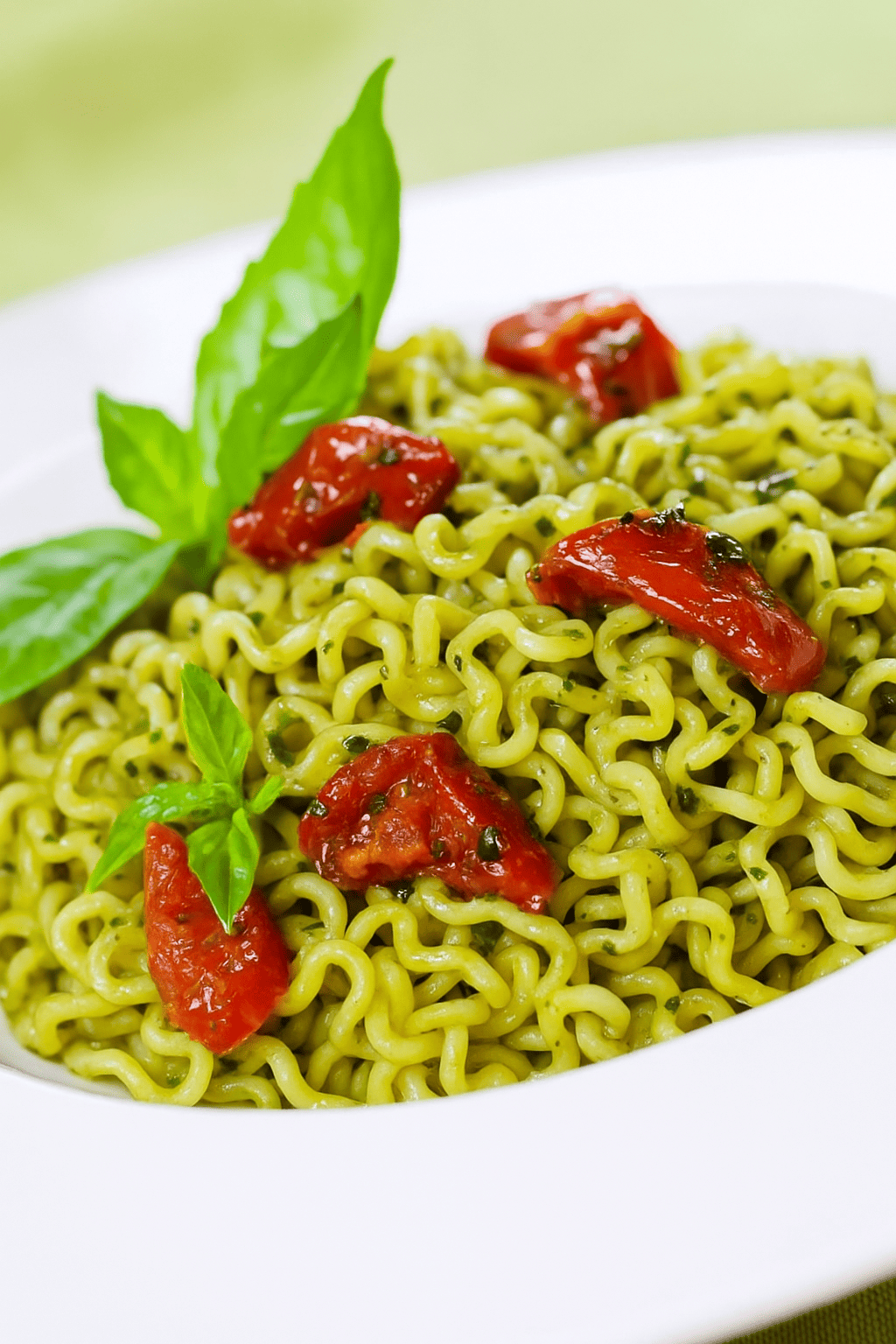 Tigela branca com macarrão instantâneo ao molho pesto, servido com pedaços de tomate e folhas de manjericão, sobre fundo desfocado.
