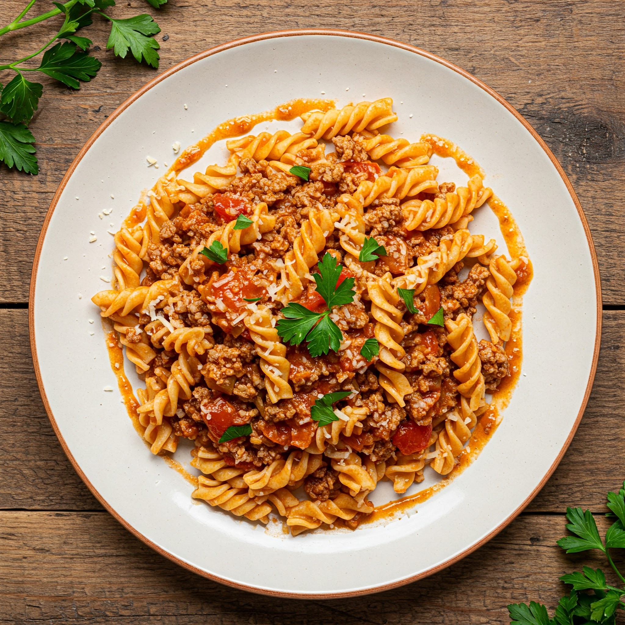 Prato fundo com macarrão parafuso ao molho rústico, decorado com ervas, sobre mesa de madeira.