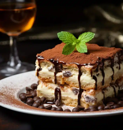 Prato com pavê de chocolate em camadas de biscoito champanhe e creme, finalizado com chocolate em pó, sobre fundo escuro.