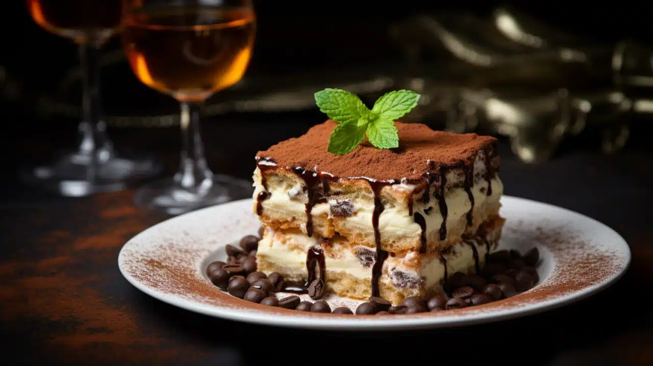 Prato com pavê de chocolate em camadas de biscoito champanhe e creme, finalizado com chocolate em pó, sobre fundo escuro.