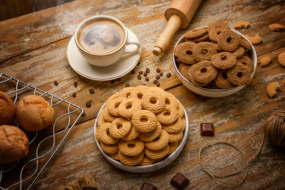 Biscoitos rosca de leite, dispostos em potes brancos sobre mesa de madeira.