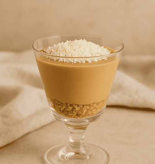 Taça de vidro transparente surpresa de café cremosa, com coco ralado, sobre fundo claro.