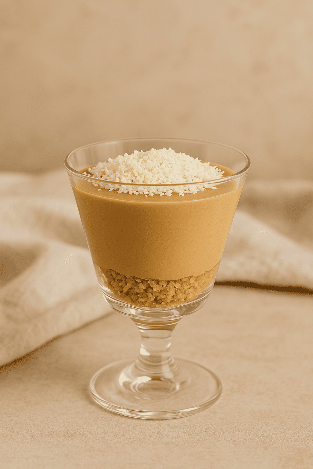 Taça de vidro transparente surpresa de café cremosa, com coco ralado, sobre fundo claro.