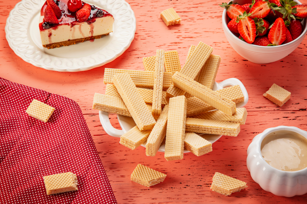 Biscoitos Wafer sabor morango, ao lado da fatia de cheesecake de morango, sobre mesa rosa.