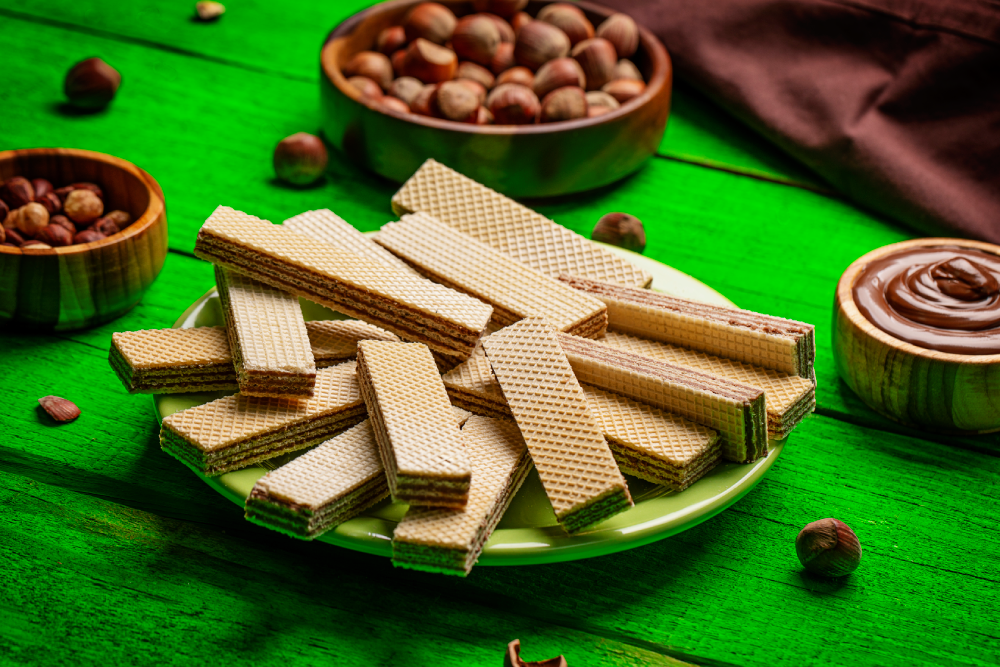 Wafer sabor chocolate com avelã dispostos em prato, sobre fundo verde.