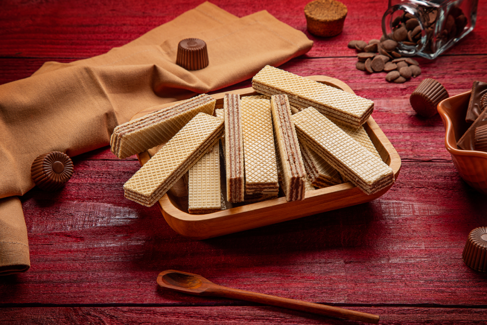 Wafer sabor chocolate suíço dispostos em prato, sobre fundo vermelho.