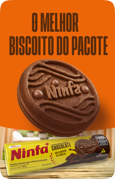 Embalagem de biscoito recheado sabor chocolate de 110g, rótulo amarelo e detalhes marrom e vermelho.