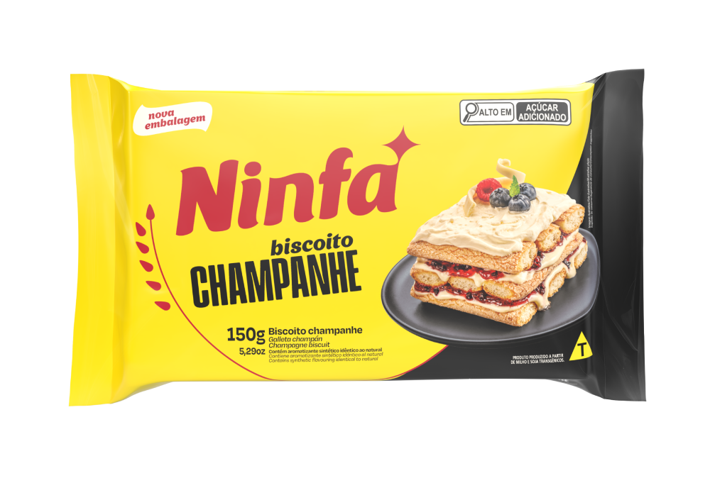 Embalagem de biscoito champanhe de 150g, com rótulo amarelo com detalhes pretos e vermelhos.