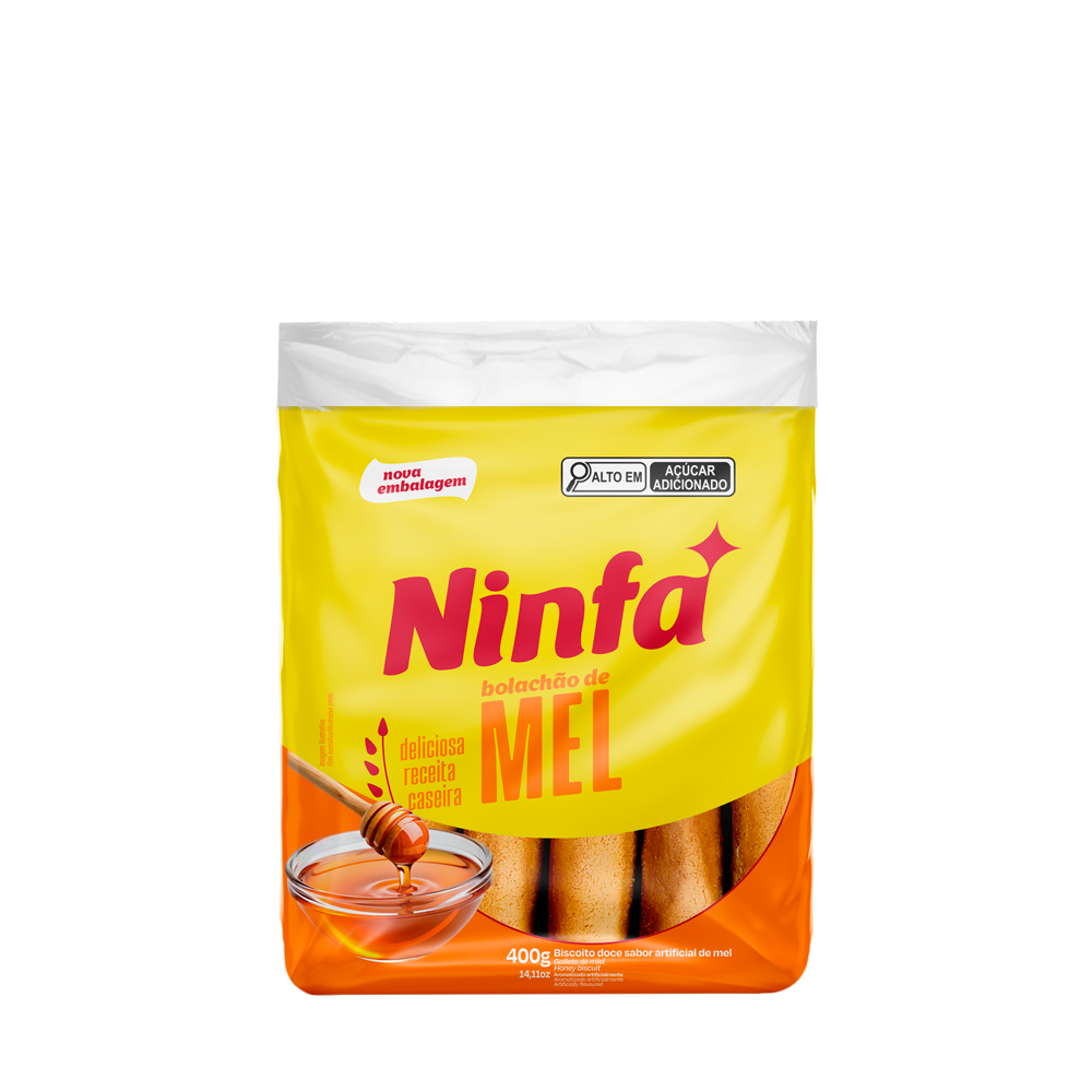Embalagem de bolachão sabor mel de 400g em pé, com rótulo amarelo com detalhes em laranja e vermelho.