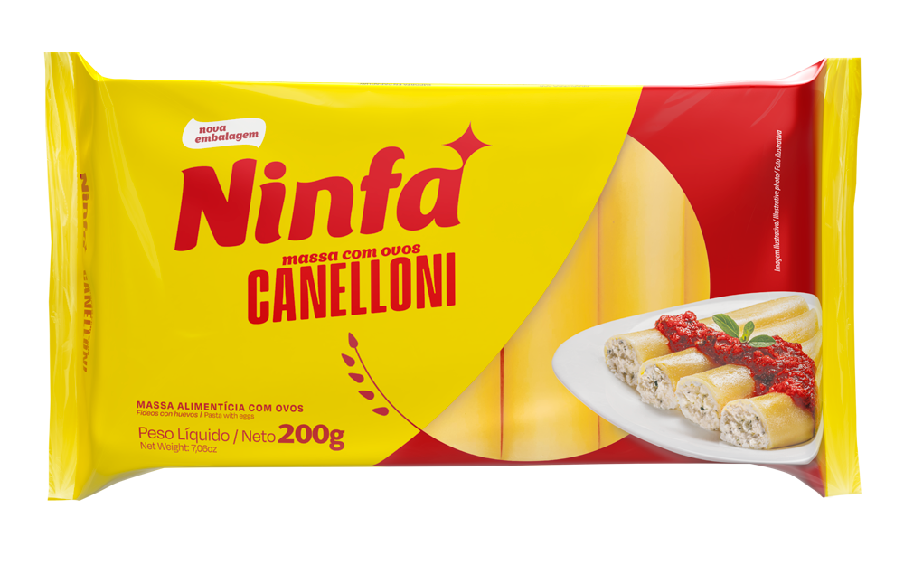 Embalagem de canelloni de 200g, com rótulo vermelho e amarelo, exibindo ilustração do macarrão no centro.