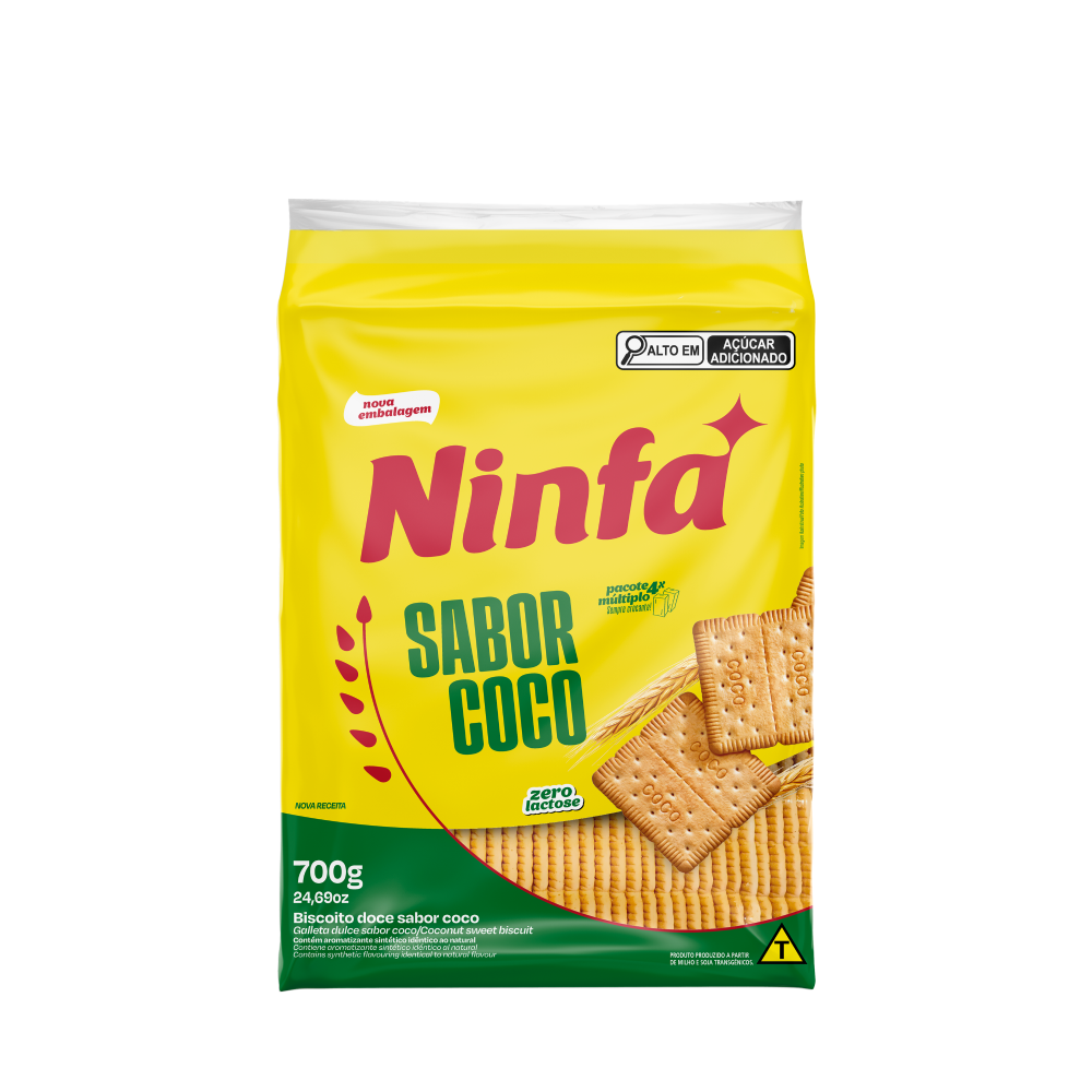 Embalagem de biscoito coco de 700g em pé, com rótulo amarelo e detalhes vermelhos.