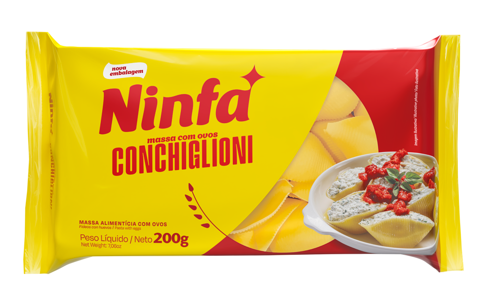 Embalagem de conchiglioni de 200g, com rótulo vermelho e amarelo, mostrando ilustração do macarrão em destaque.