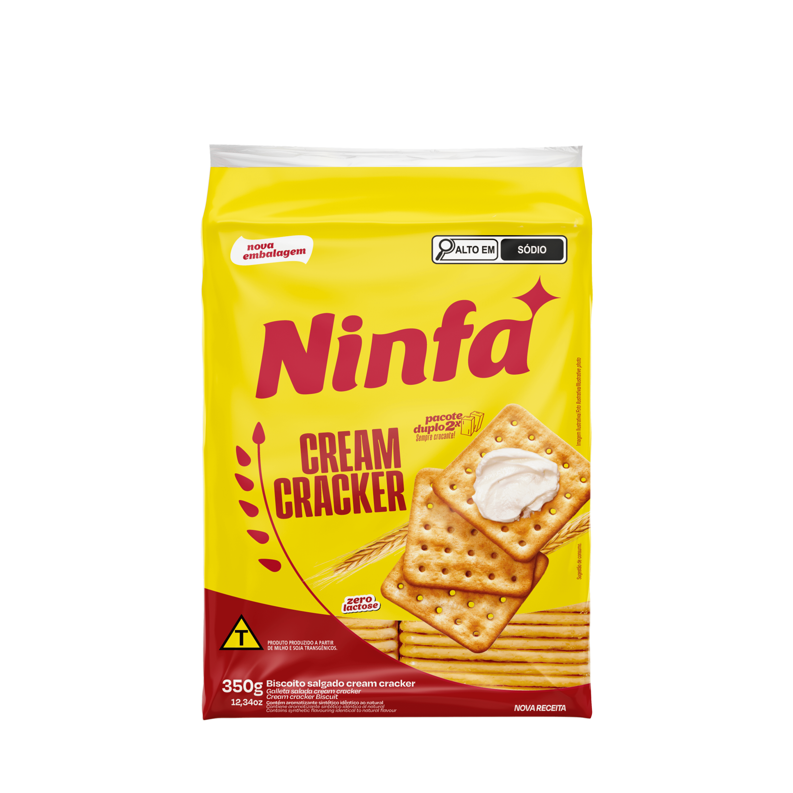 Embalagem de biscoito cream cracker de 350g em pé, com rótulo amarelo e detalhes vermelhos.
