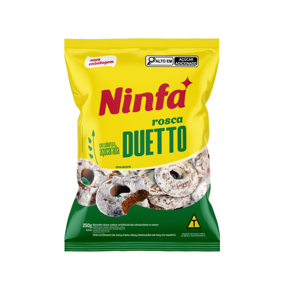 Embalagem de rosca duetto de 250g em pé, rótulo amarelo e verde.