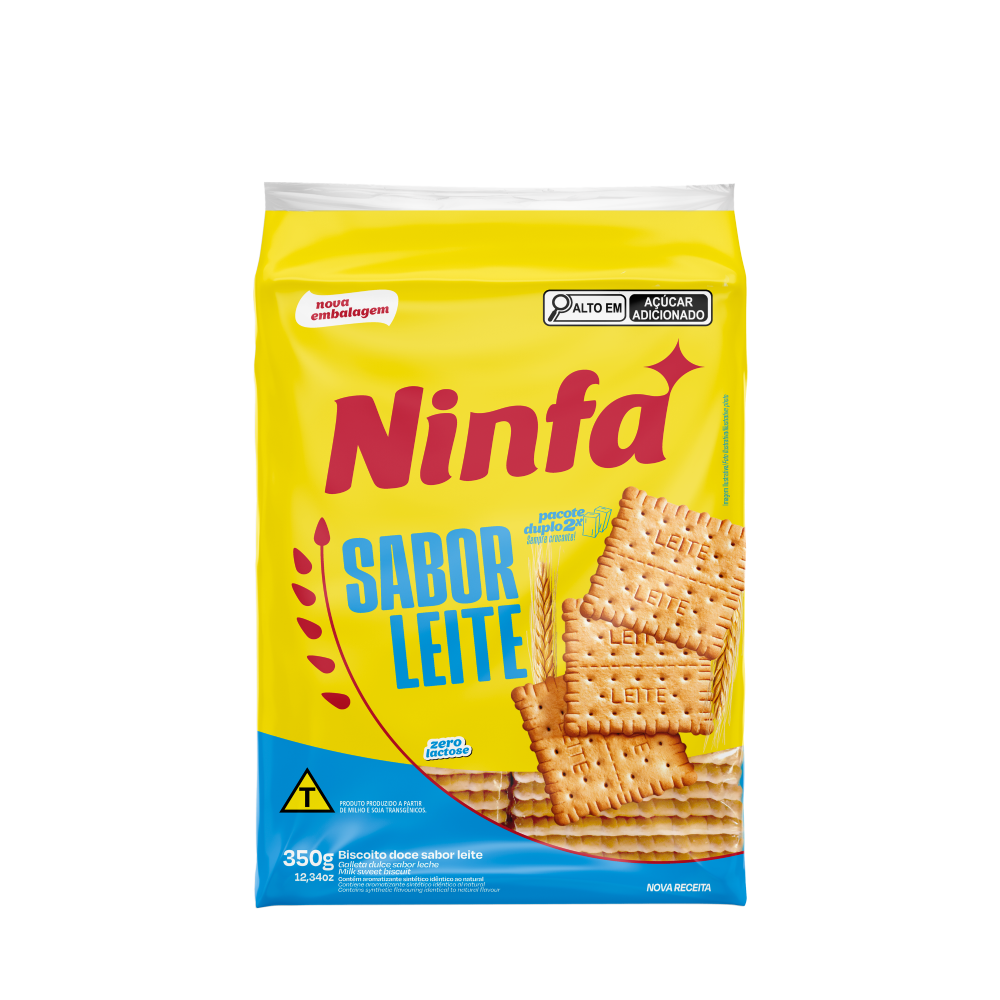 Embalagem de biscoito de leite de 350g em pé, com rótulo amarelo e detalhes azuis.
