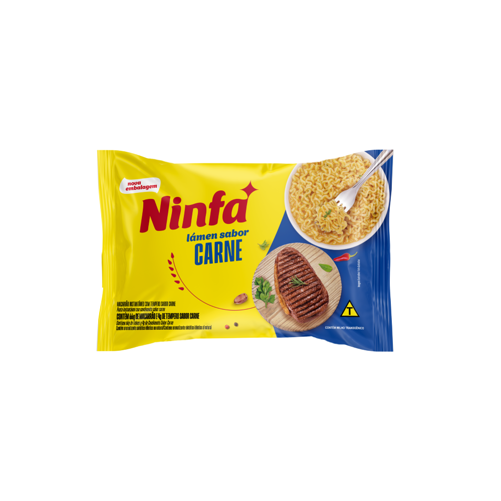 Embalagem de macarrão instantâneo sabor carne de 70g em pé, rótulo amarelo e azul.