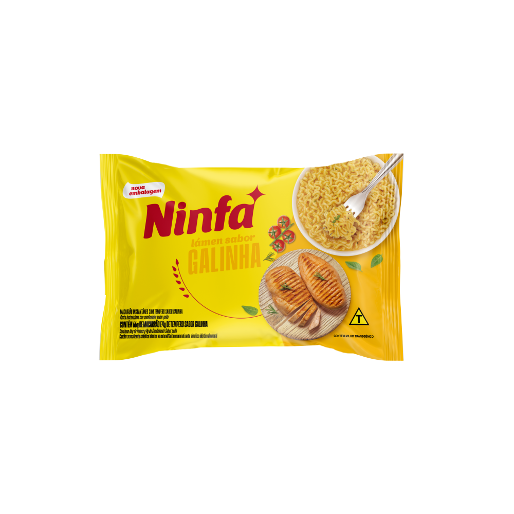 Embalagem de macarrão instantâneo sabor galinha de 70g em pé, rótulo amarelo.