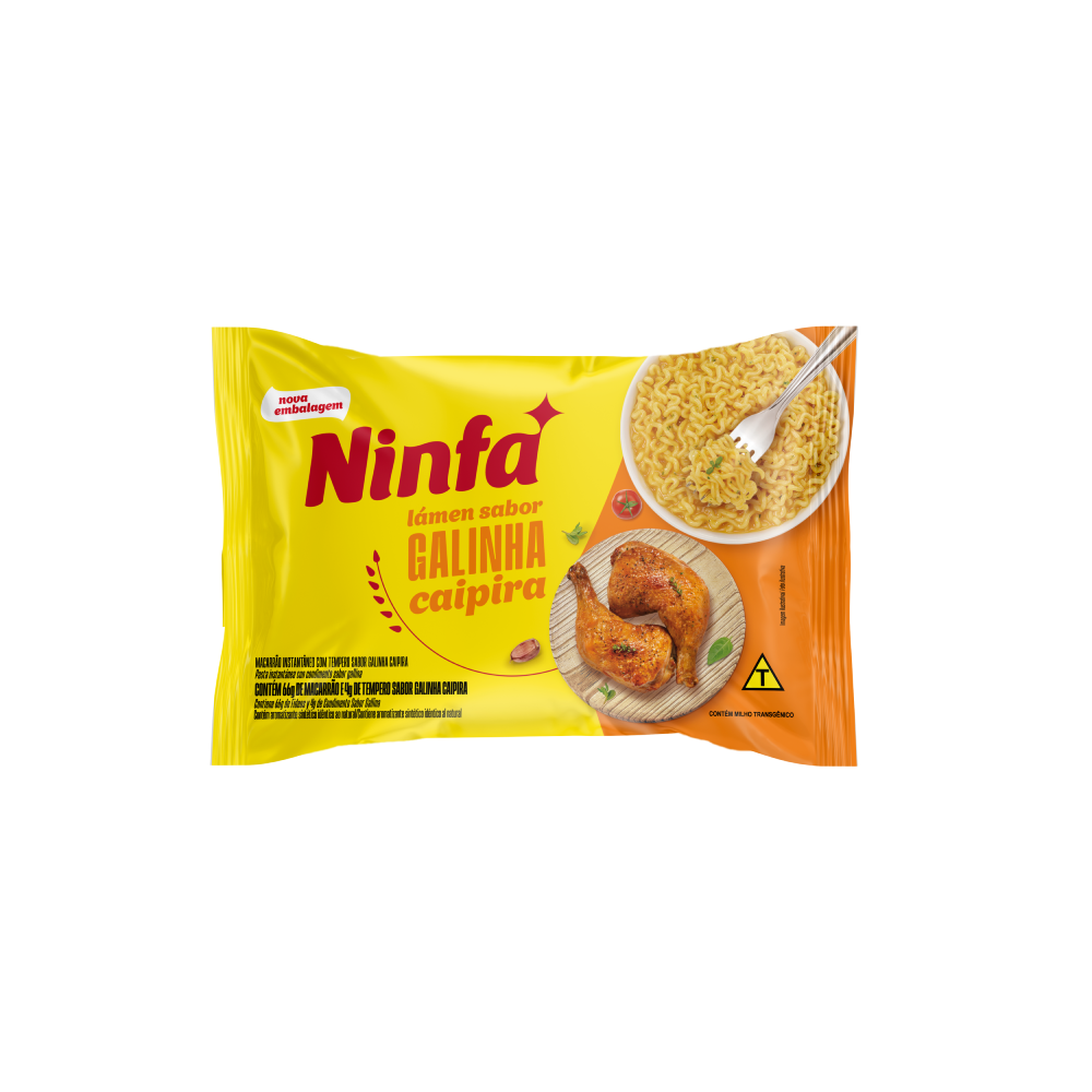 Embalagem de macarrão instantâneo sabor galinha caipira de 70g em pé, rótulo amarelo e laranja.