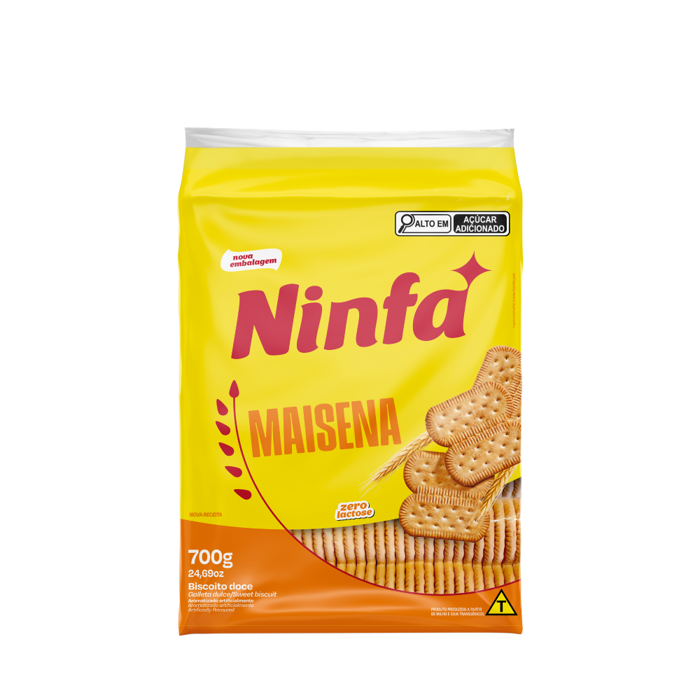 Embalagem de biscoito maisena de 700g em pé, com rótulo amarelo e detalhes vermelhos.