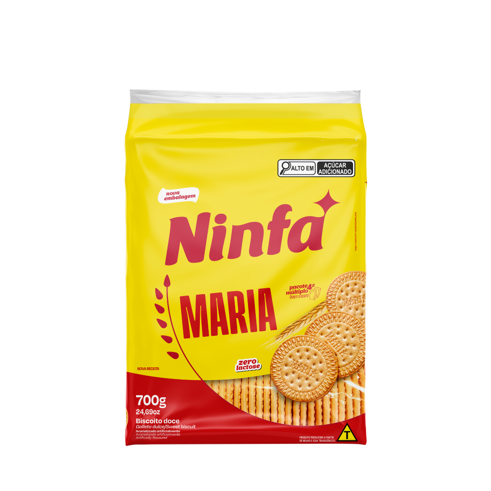 Embalagem de biscoito maria de 700g em pé, com rótulo amarelo e detalhes vermelhos.