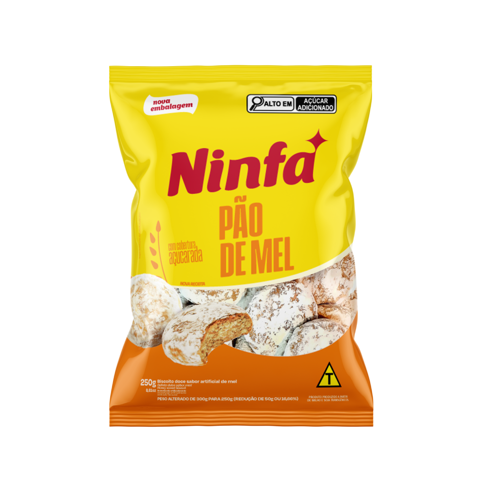 Embalagem de rosca com calda sabor pão de mel de 250g em pé, rótulo amarelo e laranja.