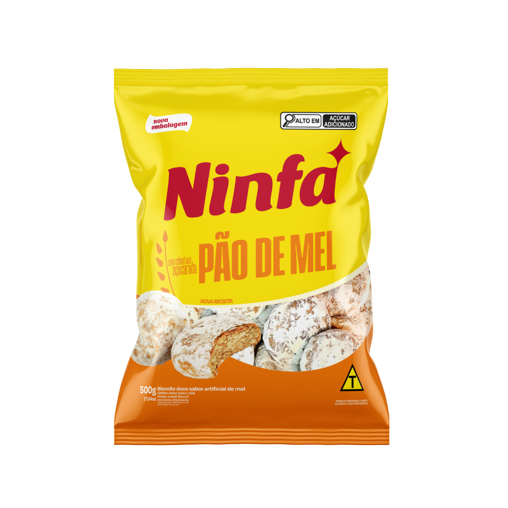 Embalagem de rosca de calda de sabor pão de mel 500g em pé, rótulo amarelo e laranja.