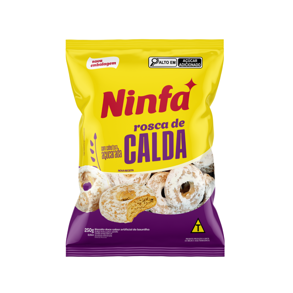 Embalagem de rosca de calda de 250g em pé, rótulo amarelo e roxo.