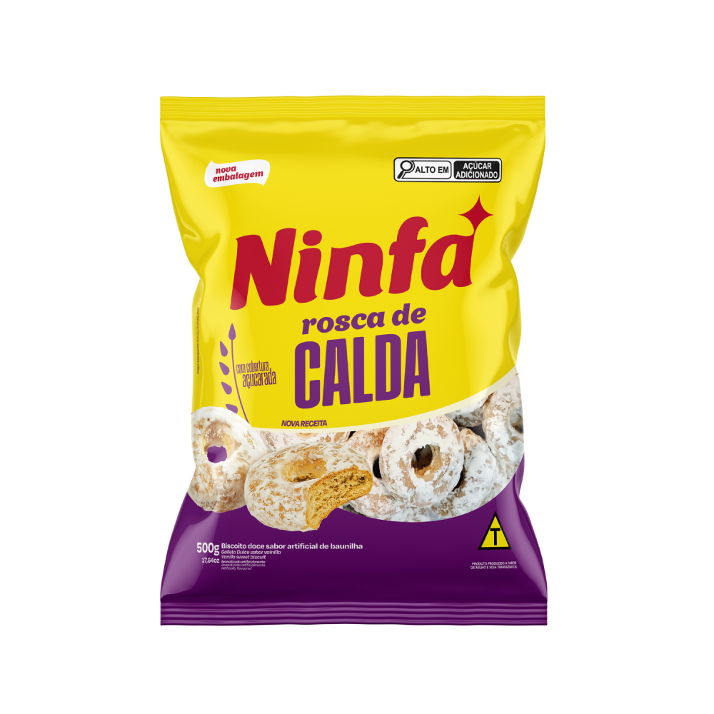 Embalagem de rosca de calda de 500g em pé, rótulo amarelo e roxo.