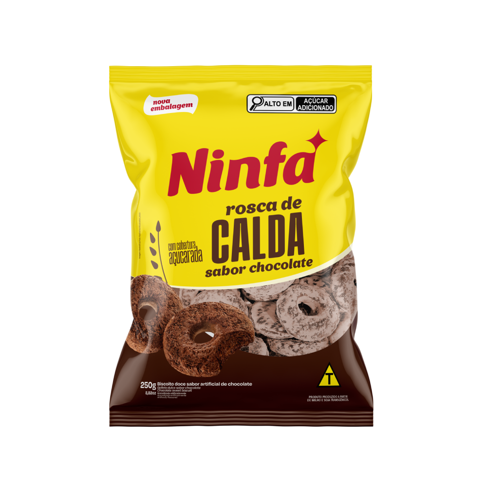 Embalagem de rosca de calda sabor chocolate de 250g em pé, rótulo amarelo e marrom.