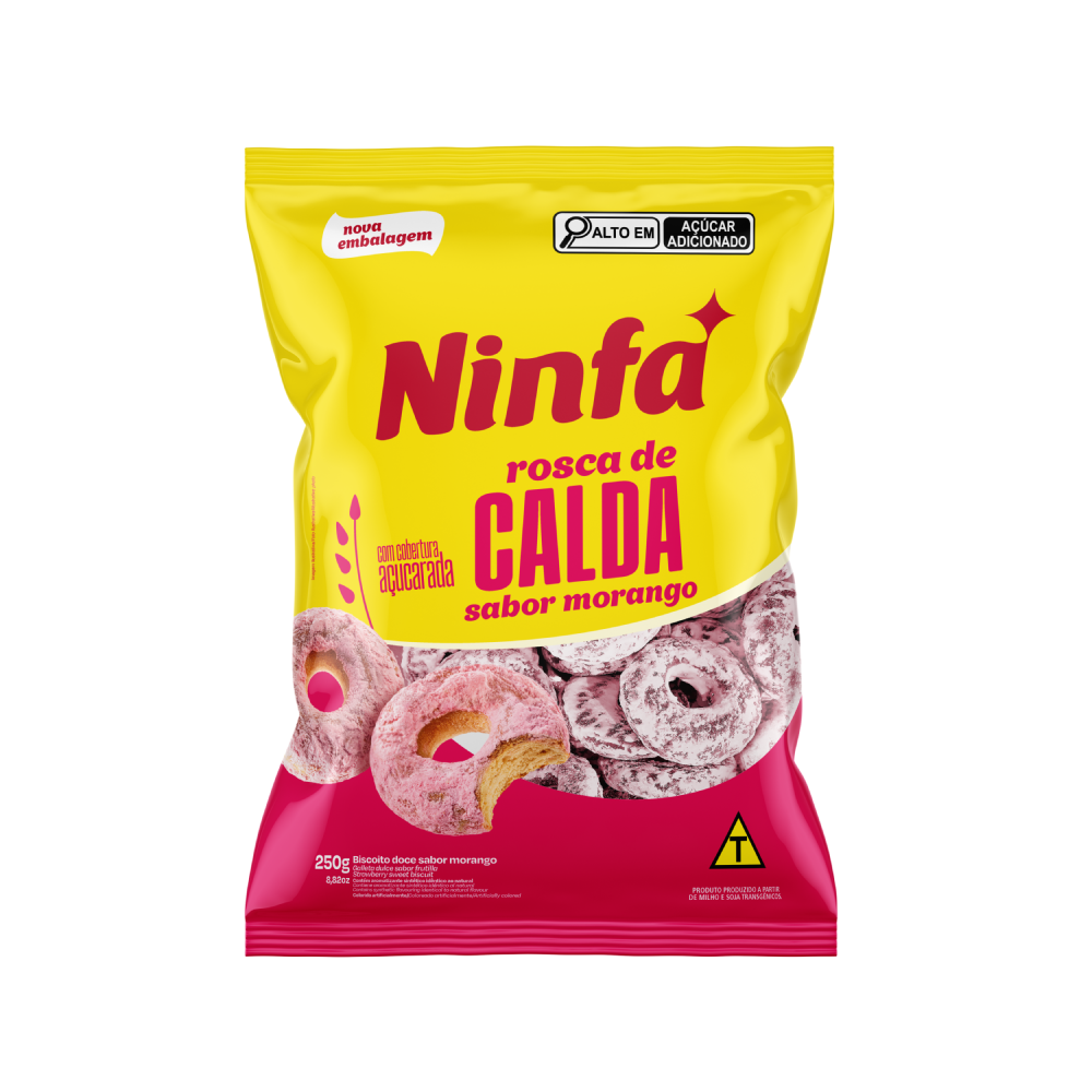 Embalagem de rosca de calda sabor morango de 250g em pé, rótulo amarelo e rosa.