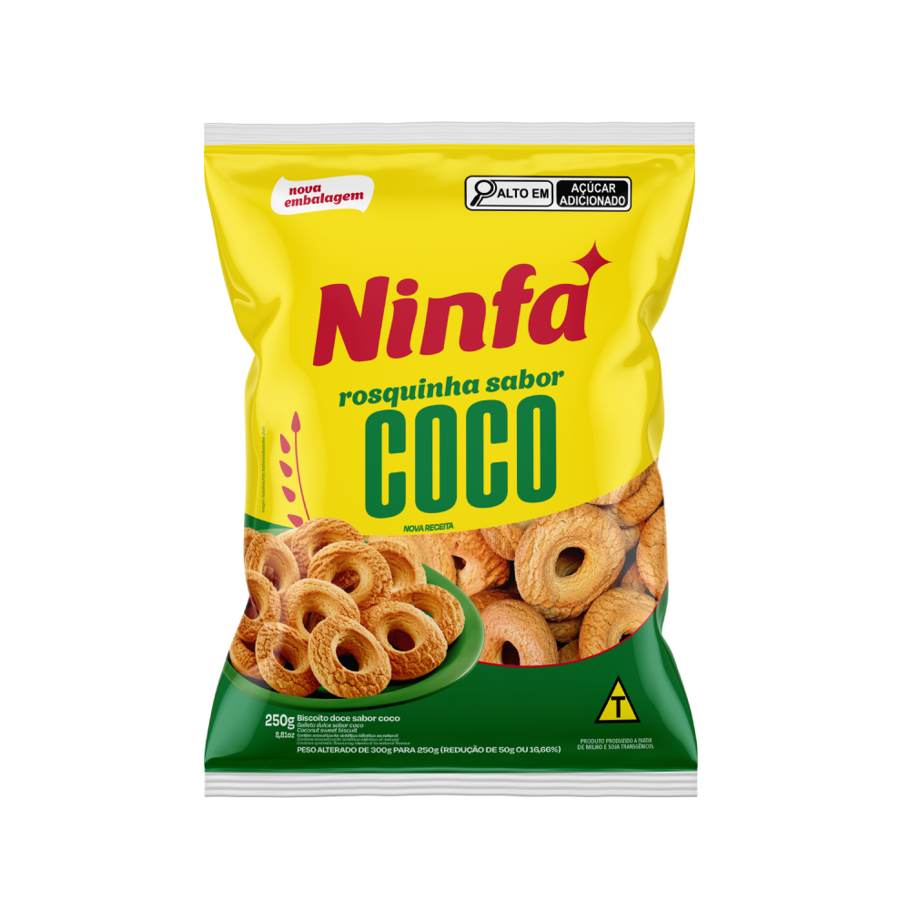 Embalagem de rosquinhas sabor coco de 250g em pé, com rótulo amarelo e detalhes azuis e vermelhos.