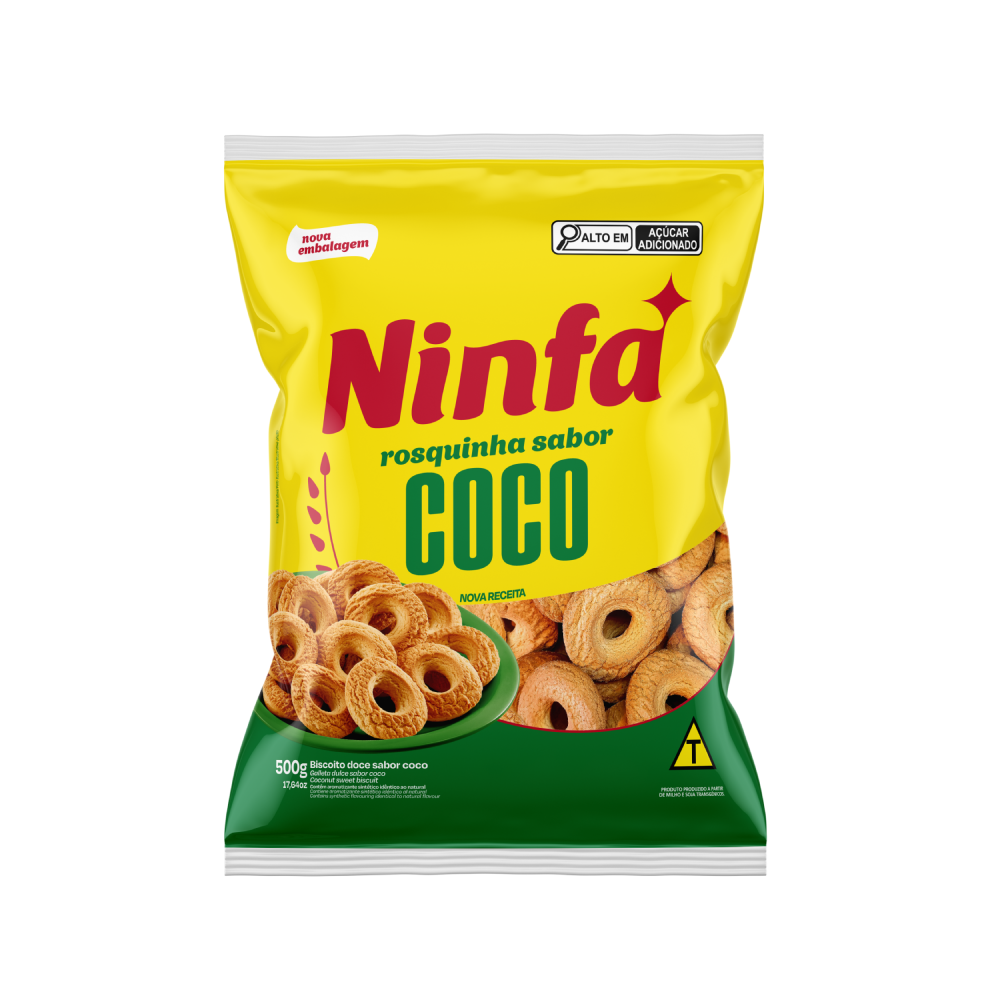 Embalagem de rosquinhas sabor coco de 500g em pé, com rótulo amarelo e detalhes azuis e vermelhos.