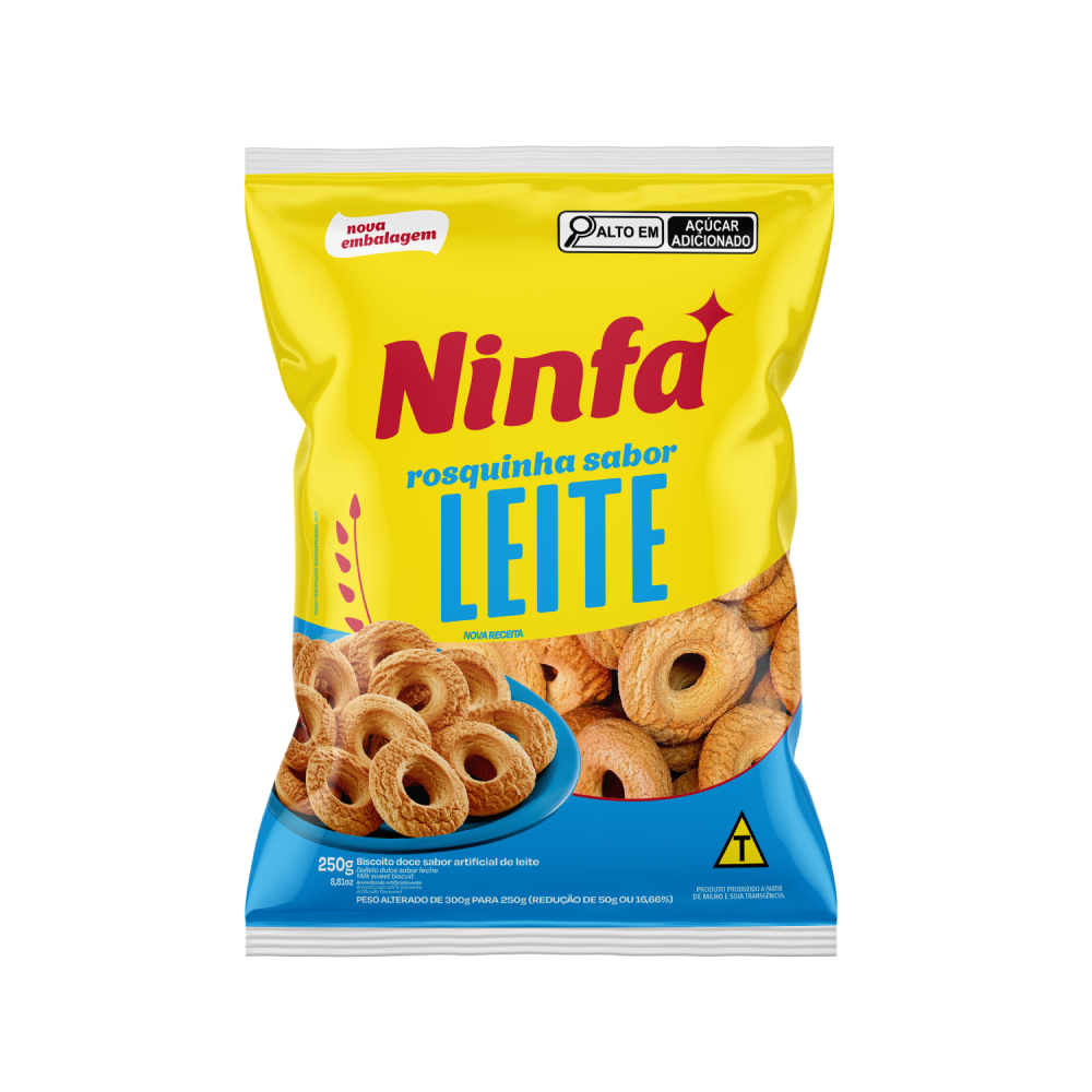 Embalagem de rosquinhas sabor leite de 250g em pé, com rótulo amarelo e detalhes azuis e vermelhos.