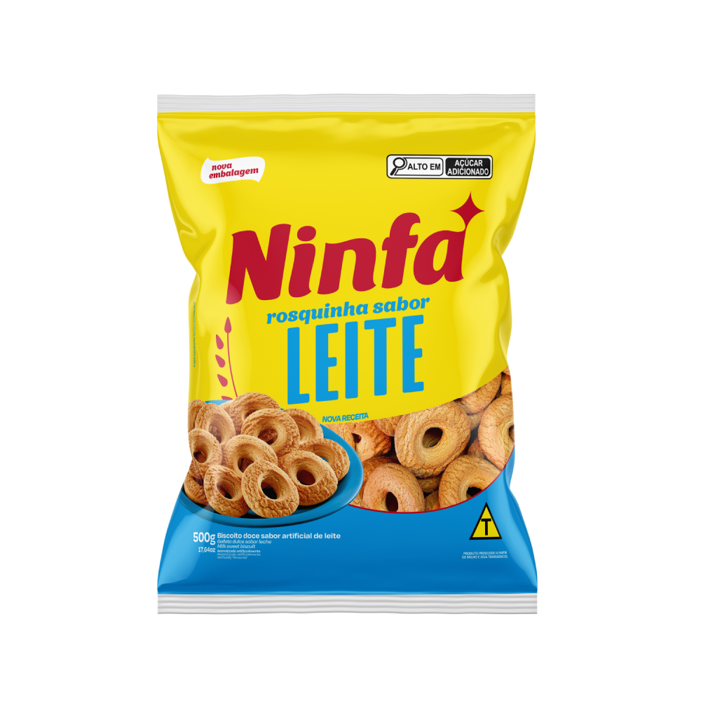 Embalagem de rosquinhas sabor leite de 500g em pé, com rótulo amarelo e detalhes azuis e vermelhos.