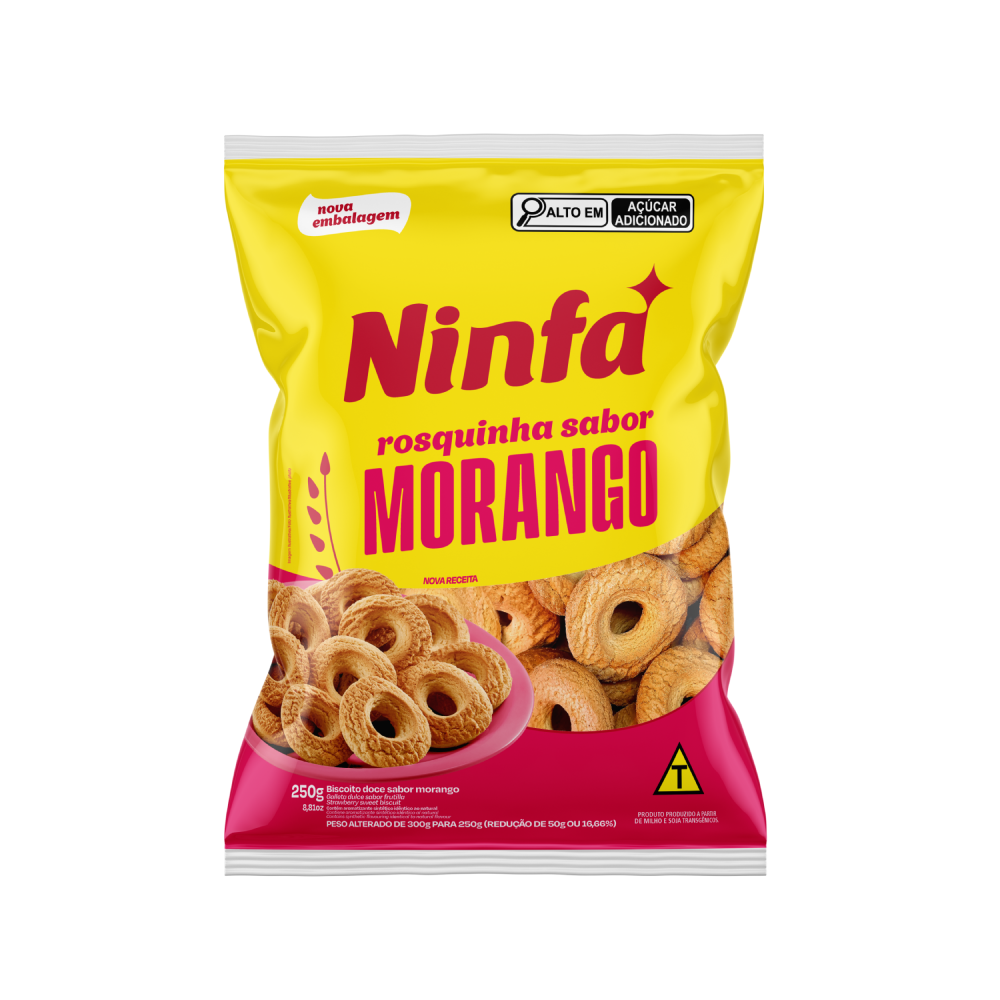 Embalagem de rosquinhas sabor morango de 250g em pé, com rótulo amarelo e detalhes azuis e vermelhos.