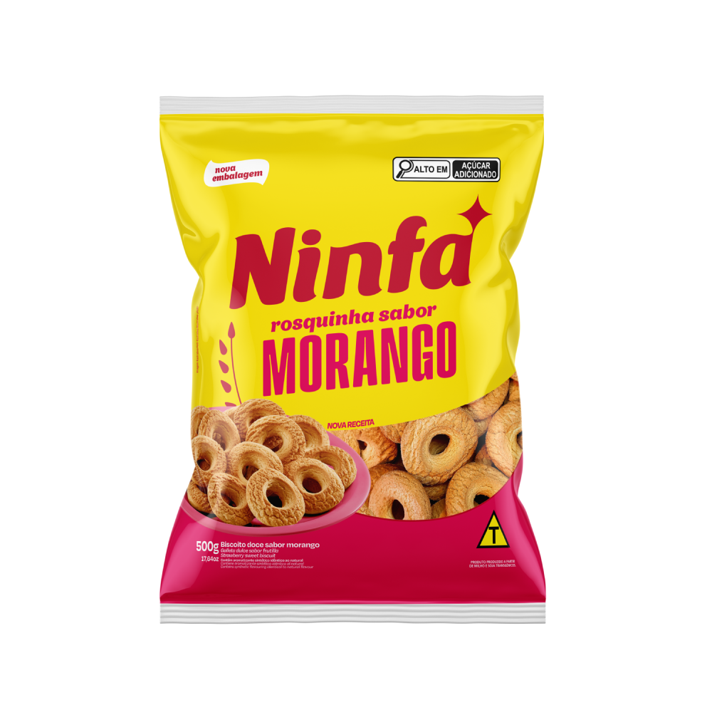 Embalagem de rosquinhas sabor morango de 500g em pé, com rótulo amarelo e detalhes azuis e vermelhos.