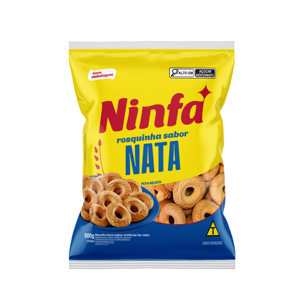 Embalagem de rosquinhas sabor nata de 500g em pé, com rótulo amarelo e detalhes azuis e vermelhos.