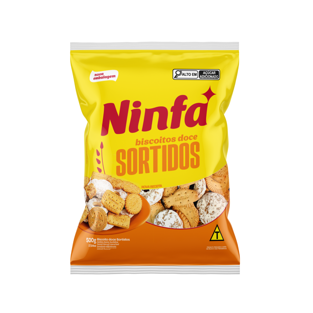 Embalagem de rosquinhas sabores sortidos de 500g em pé, com rótulo amarelo e detalhes azuis e vermelhos.