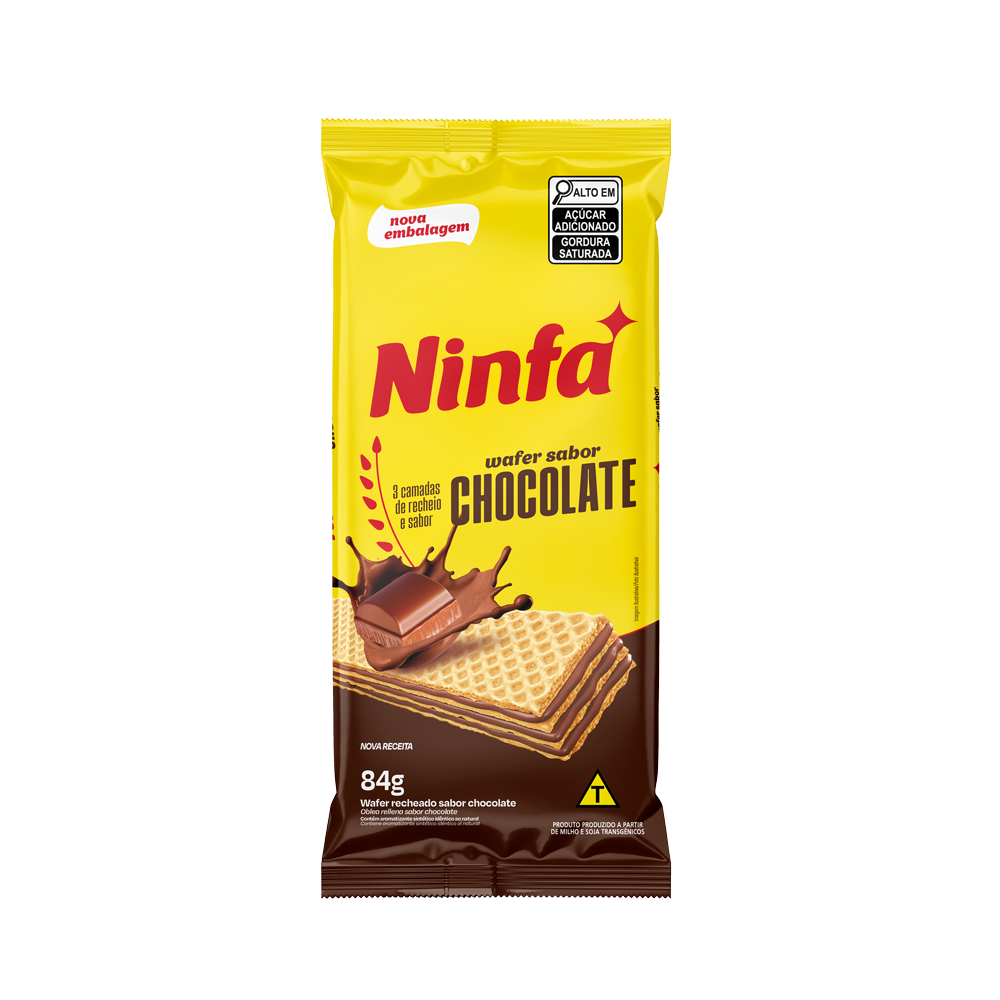 Embalagem de biscoito wafer sabor chocolate de 84g em pé, com rótulo amarelo e marrom, exibindo imagem do wafer recheado.