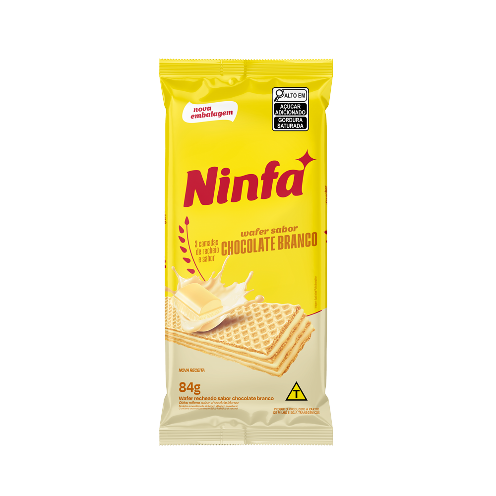 Embalagem de biscoito wafer sabor chocolate branco de 84g em pé, com rótulo amarelo e branco, mostrando a imagem do wafer recheado