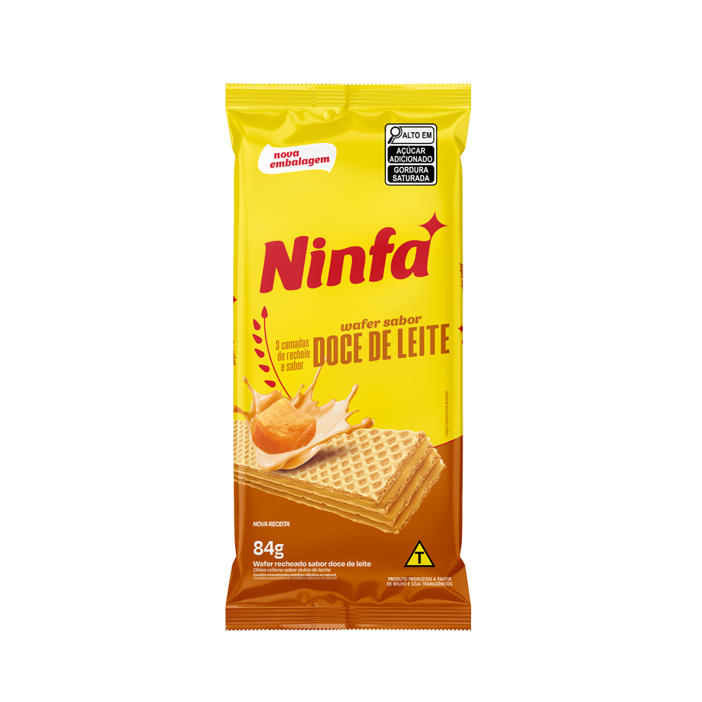 Embalagem de biscoito wafer sabor doce de leite de 84g em pé, com rótulo amarelo e marrom, mostrando a imagem do wafer recheado.