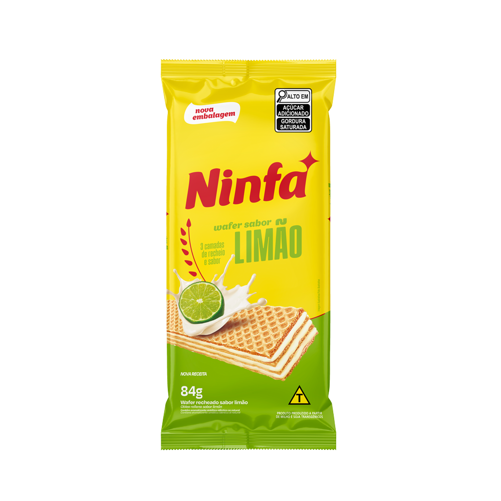 Embalagem de biscoito wafer sabor limão de 84g em pé, com rótulo amarelo e verde, ilustrando o wafer recheado.